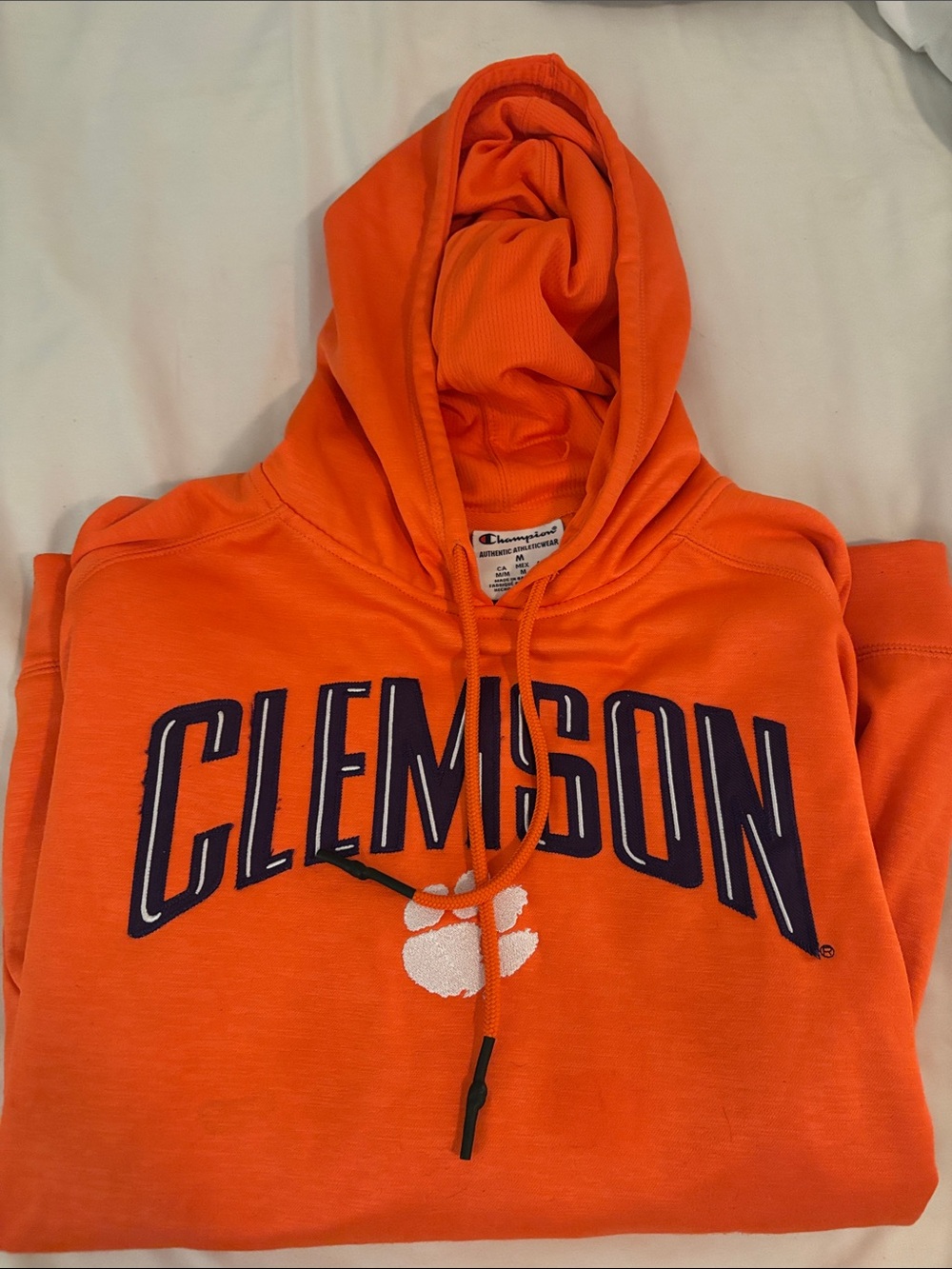 Champion Orange Hoodie with Navy Clemson Script and White Paw